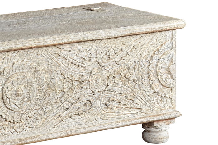 GINER Y COLOMER Baûl coffre de rangement en bois de manguier massif, finition blanc vieilli avec détails en bronze, 150 x 60 x 50 cm